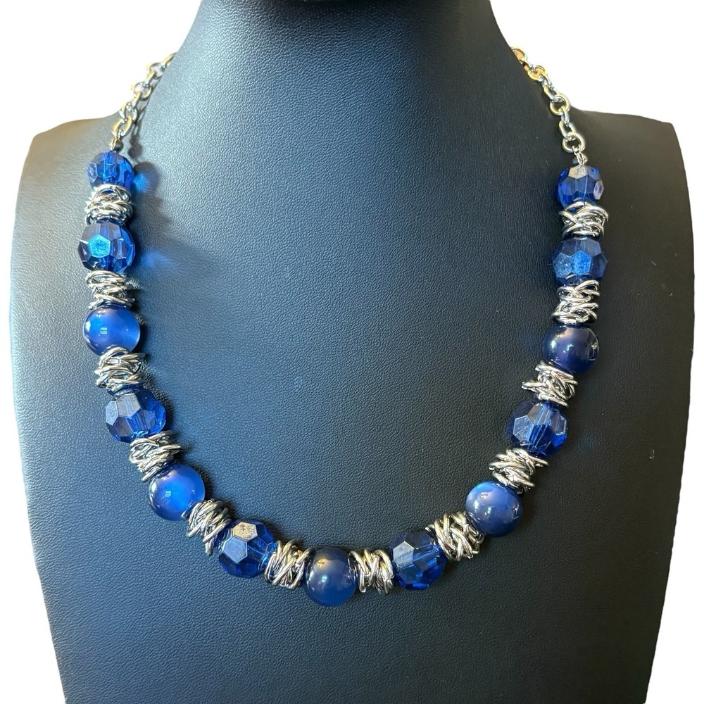 Blue and Silver Tone Necklace Collar Faceted & Smooth Beads Modern Chunky Glam
